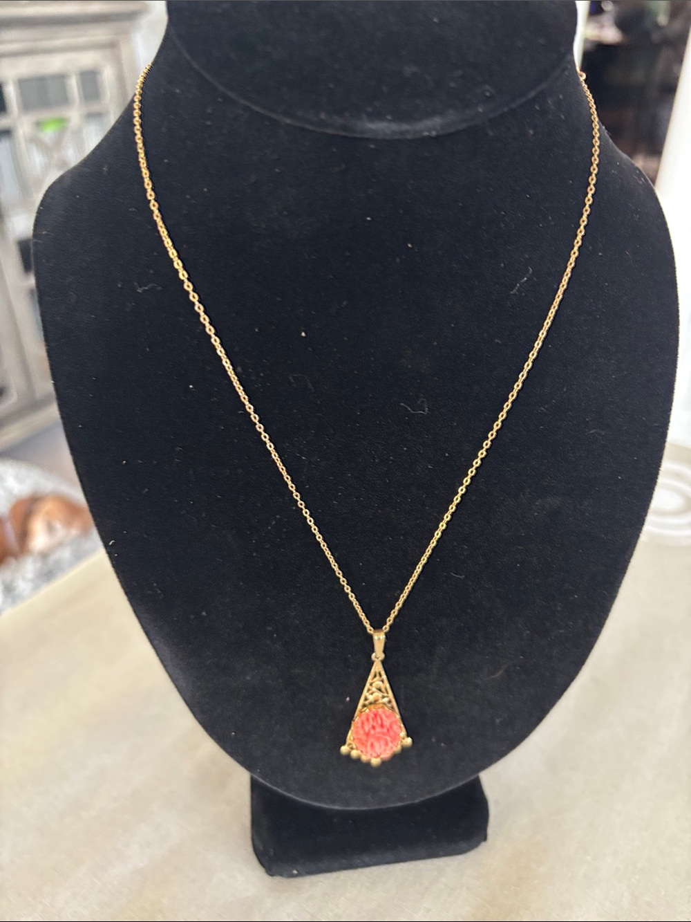 Gold Tone Necklace with Coral Pink Flower Pendant